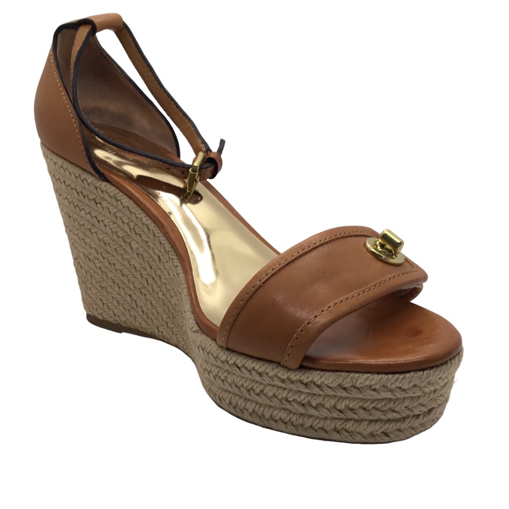 Coach Wedge Adjustable Ankle Straps Sandals Tan Leather trim Size 10B